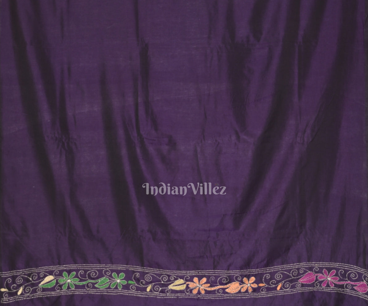 Dark Purple Handwoven Kantha Stitch Silk Saree 