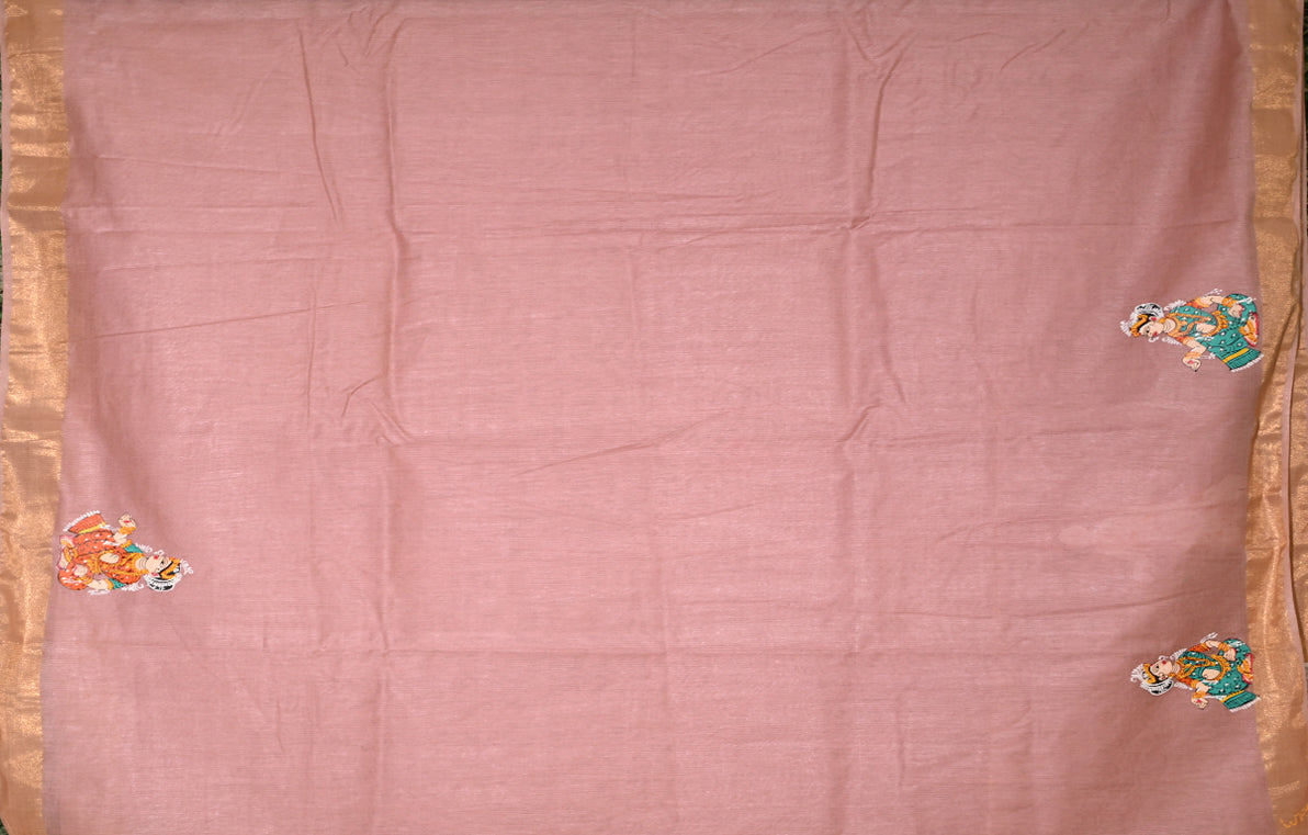 Baby Pink Raja Doli Theme Hand-Painted Pattachitra Saree 