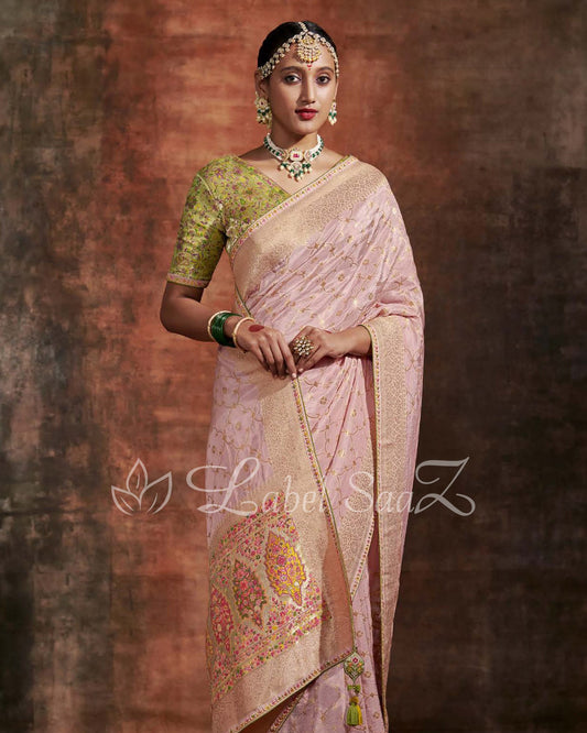 Peach Green Designer Meenakri Banarasi with Kashmiri Embroidery and Heavy Blouse