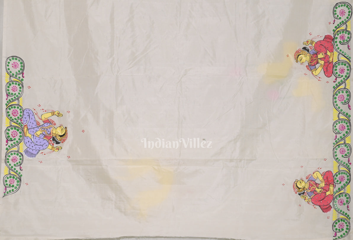  White Arjuna Bows to Navagunjara Hand-Painted Pattachitra Saree