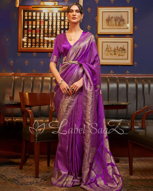 Purple Pure Satin Kanjivaram Silk Saree with Brocade Work
