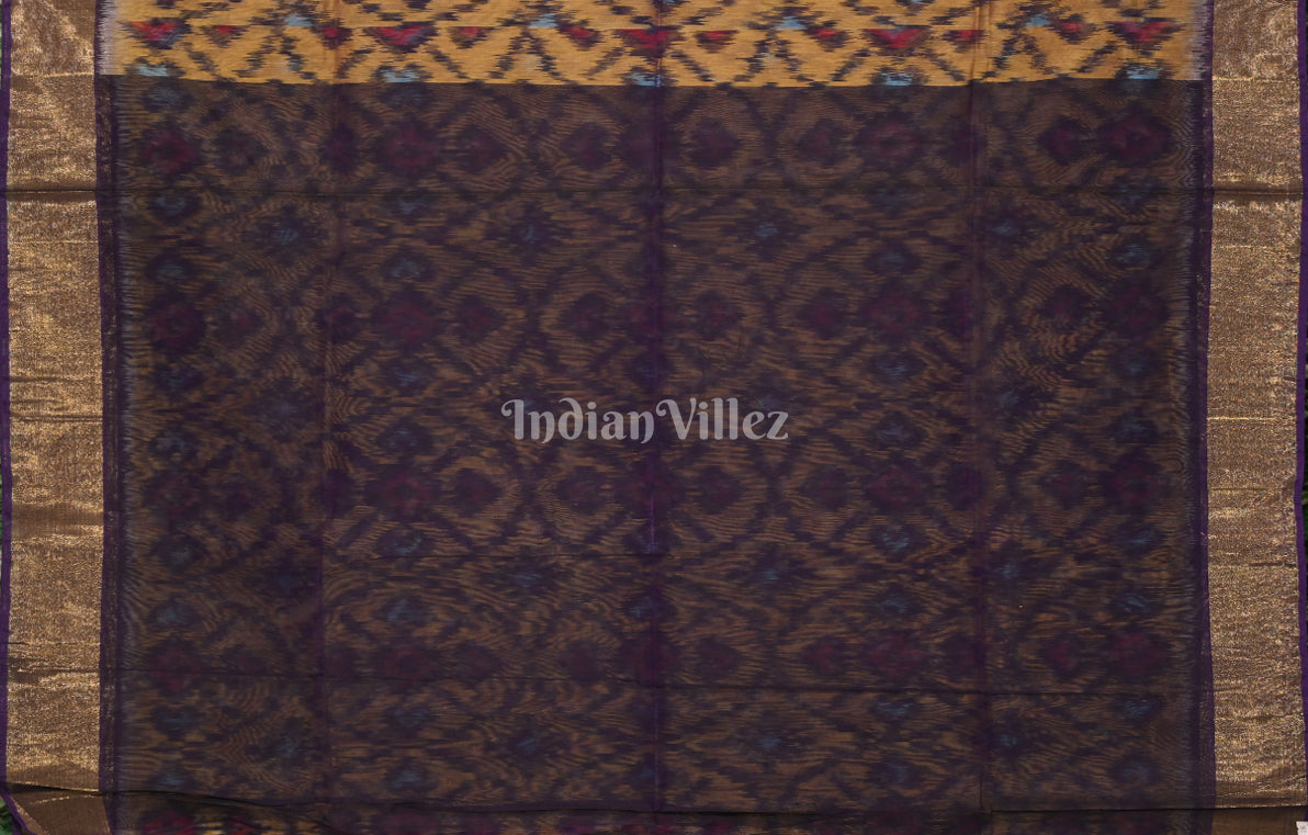 Mustard Yellow Black Green Pochampally Ikat Silk Cotton (Sico) Saree 
