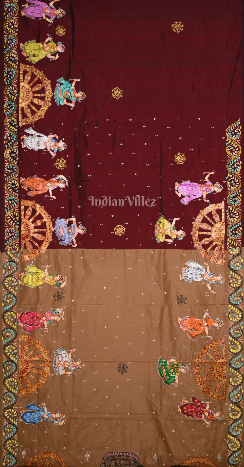 Beige Maroon Nartaki Konark Temple Hand-Painted Pattachitra Saree