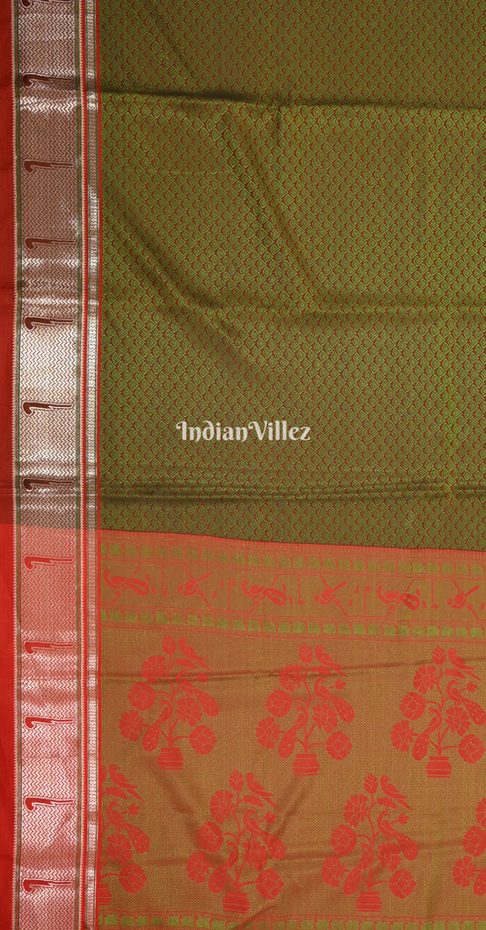 Mehendi Green Red  Kanjivaram Silk Saree