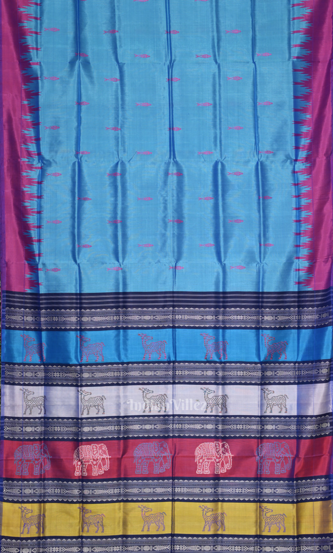  Sky Blue Fish Motif Double Pallu Berhampuri Silk Saree 
