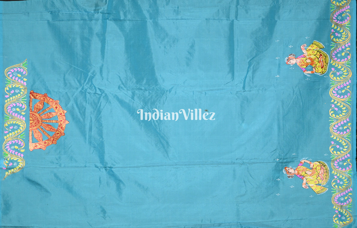 Black Sky Blue Nartaki Konark Temple Hand-Painted Pattachitra Saree 