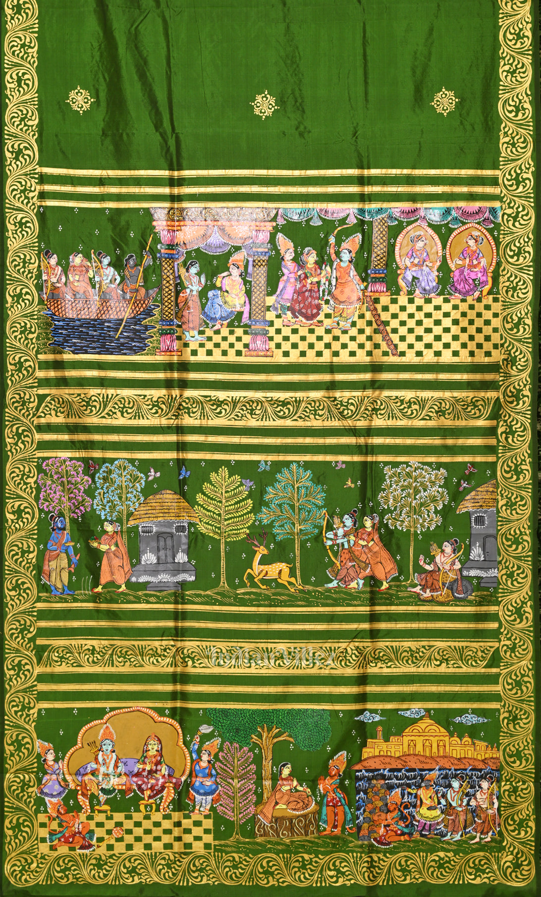  Mehendi Green  Ramayan Theme Hand-Painted Pattachitra Saree