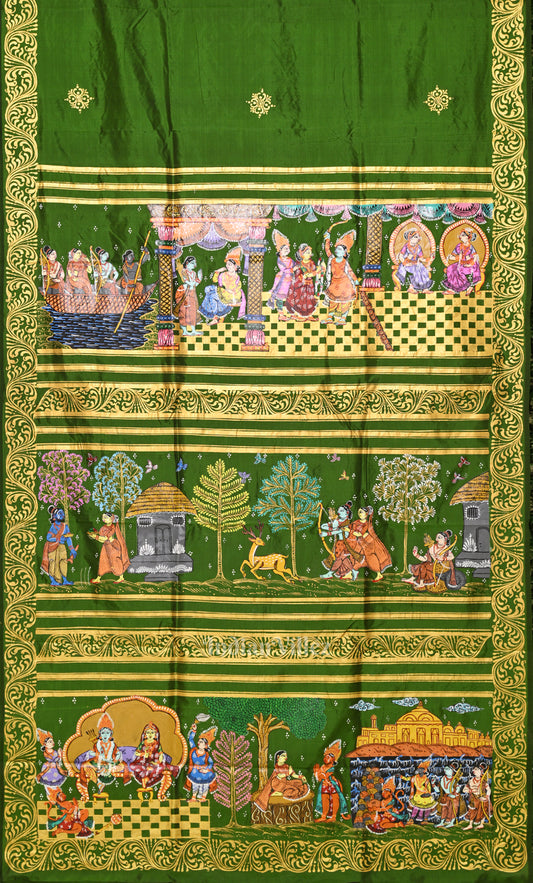  Mehendi Green  Ramayan Theme Hand-Painted Pattachitra Saree