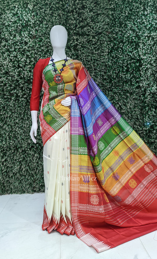 White Red Double Pallu Berhampuri Silk Saree