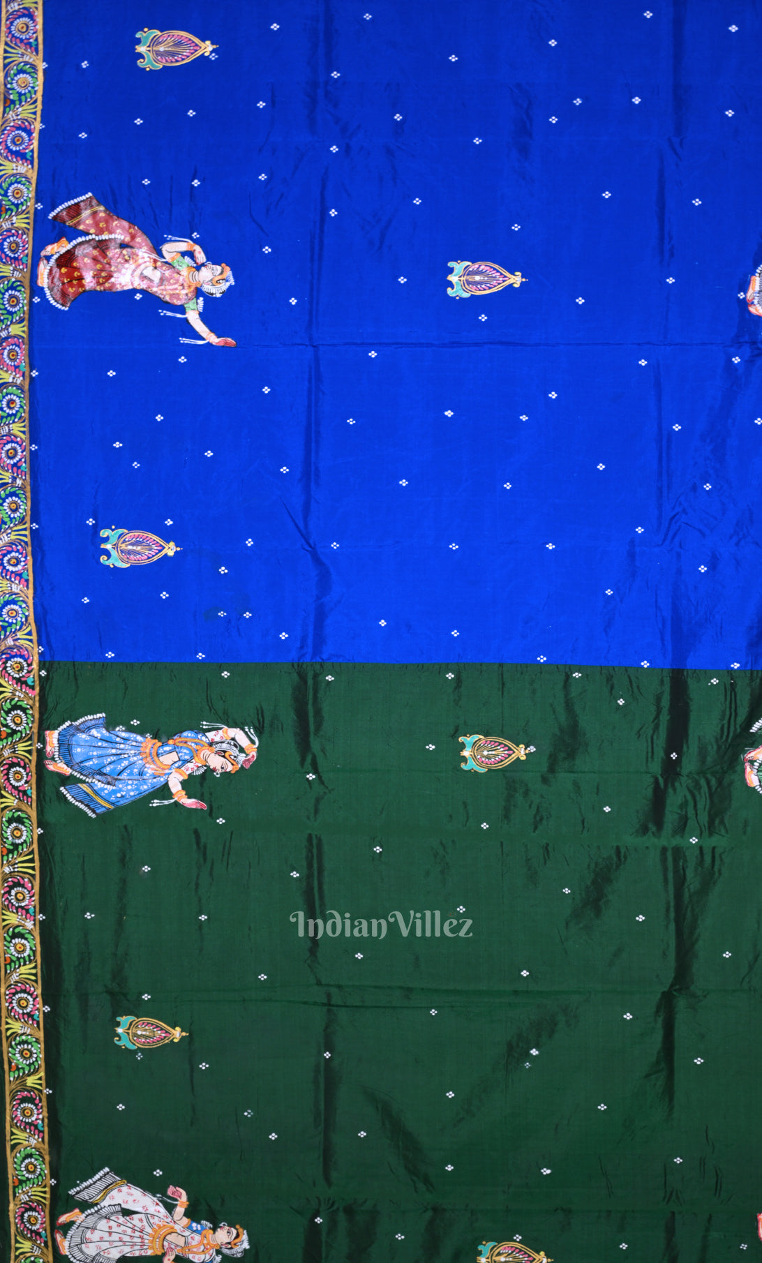 Green Blue Krishna Peacock Design Hand-Painted Pattachitra Saree