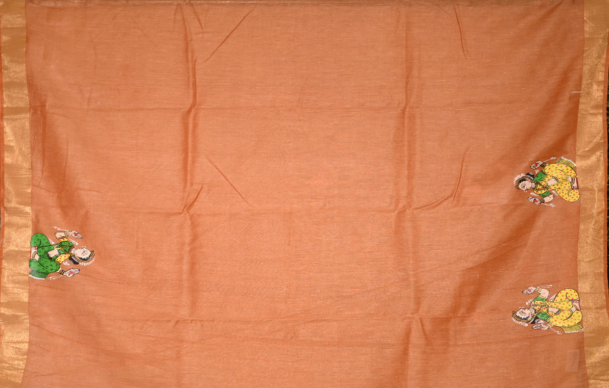 Orange Dandiya Hand-Painted Pattachitra Saree
