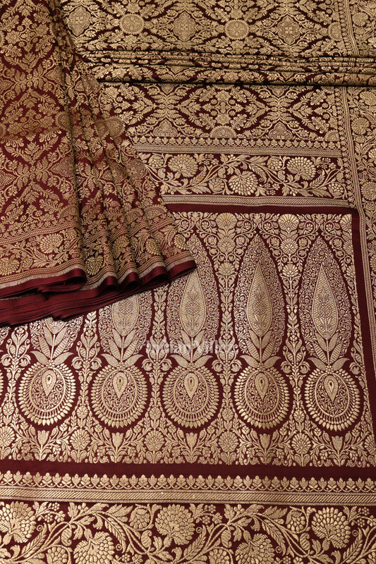 Exclusive Bridal Maroon Meenakari Pure Mashru Satin Silk Banarasi Saree 