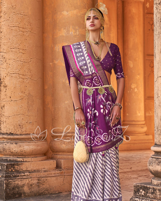 Purple White Leheriya Pochompolly Ikat Saree