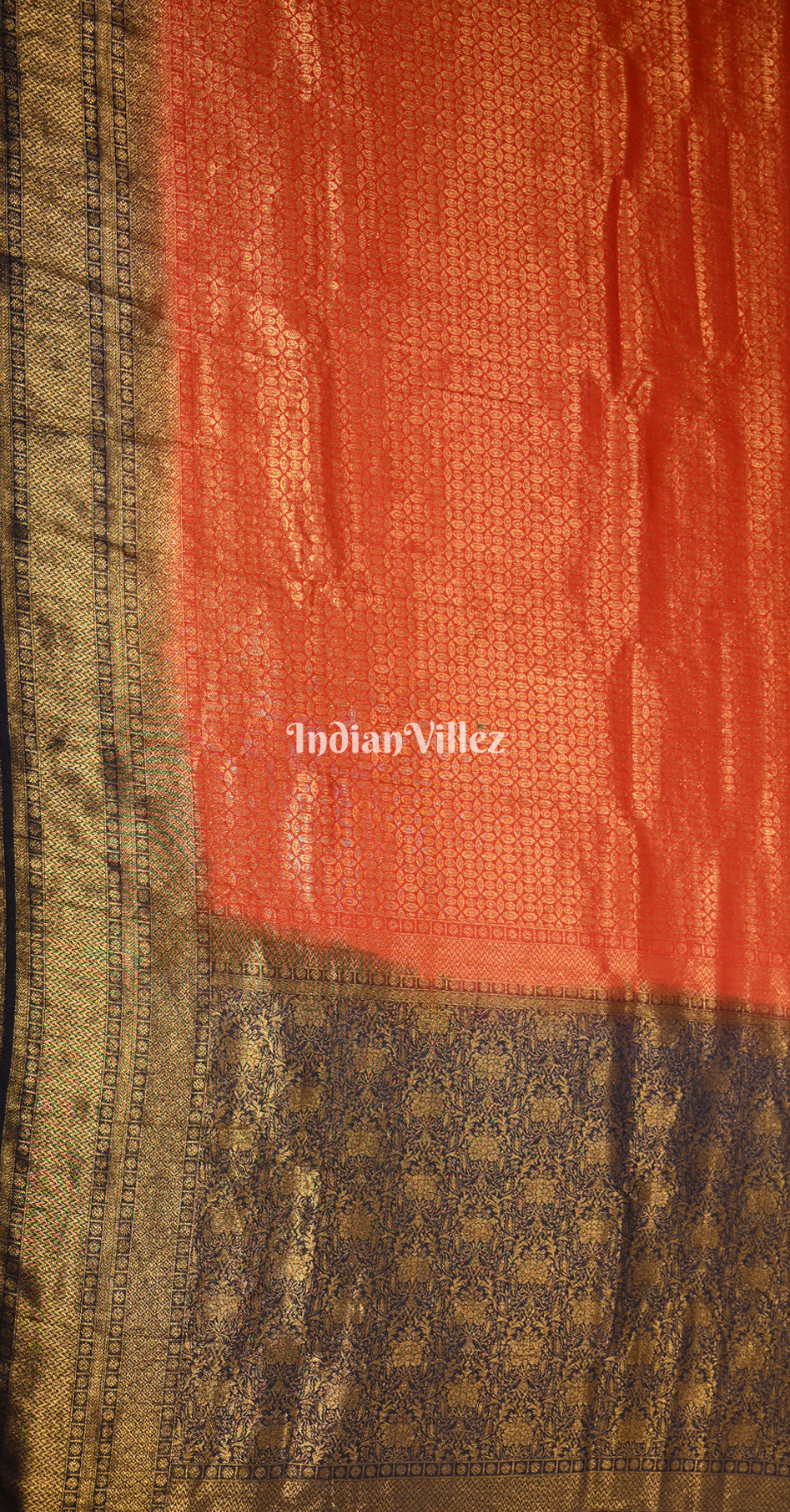 Reddish Orange Blue Kanjivaram Silk Saree