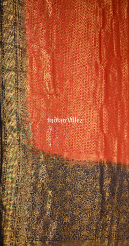 Reddish Orange Blue Kanjivaram Silk Saree