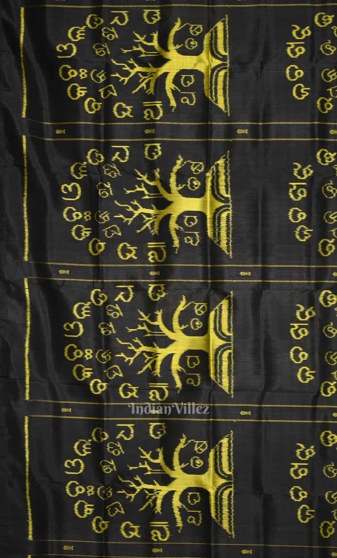 Black Neon Yellow Odia Barnamala Contemporary Silk Saree with Tribal Anchal