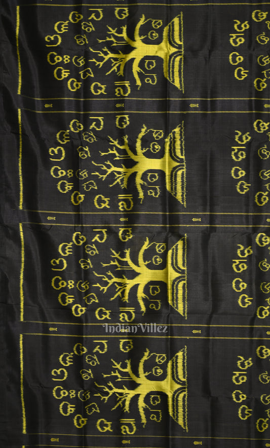 Black Neon Yellow Odia Barnamala Contemporary Silk Saree with Tribal Anchal