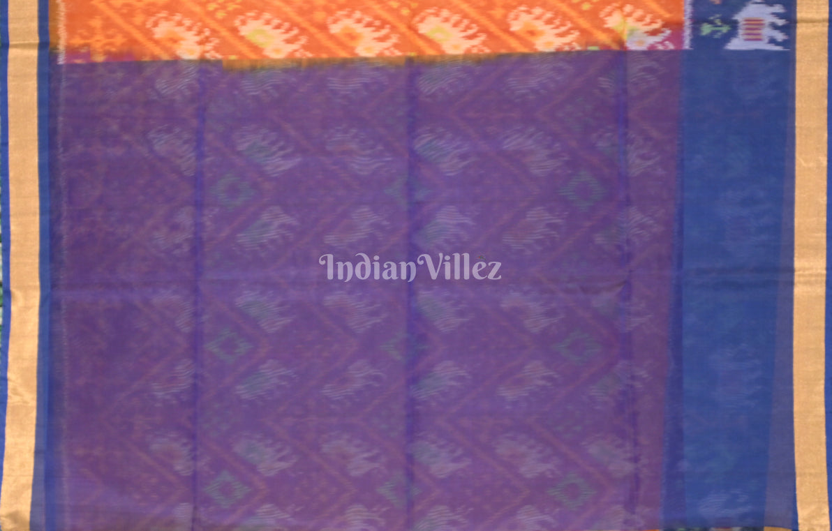 Rust Orange Blue Pochampally Ikat Silk Cotton (Sico) Saree