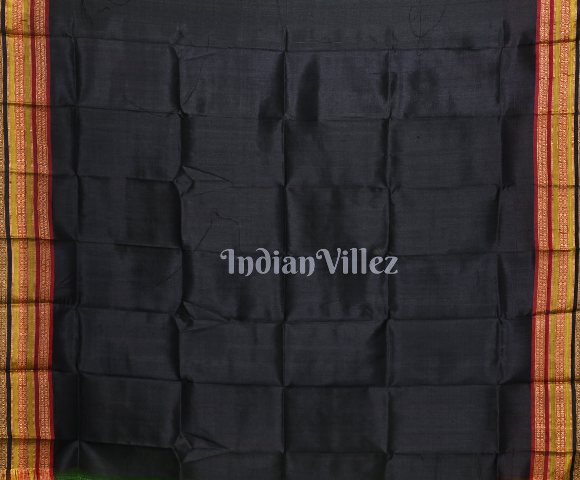 Green Black Fish Motif Kathiphera Odisha Ikat Khandua Silk Saree 