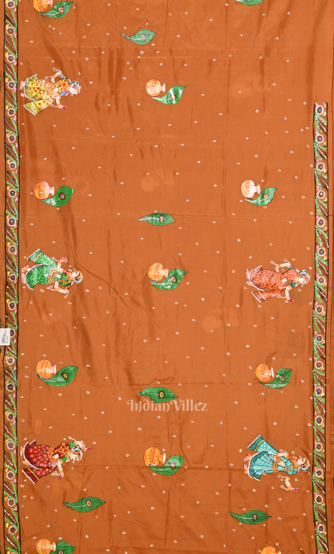 Golden Yellow  Red Krishna Raas Leela Hand- Painted Pattachitra Saree