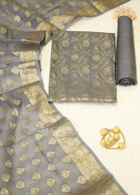 Grey Pure Tissue Silk Banarasi Unstitched Salwar Suit