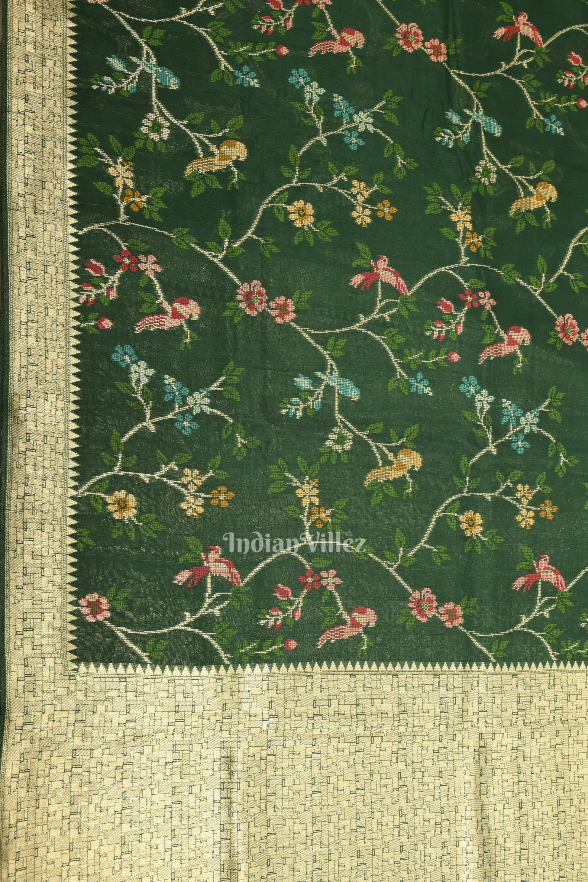 Dark Green Tussar Georgette Banarasi  Saree with Tassels