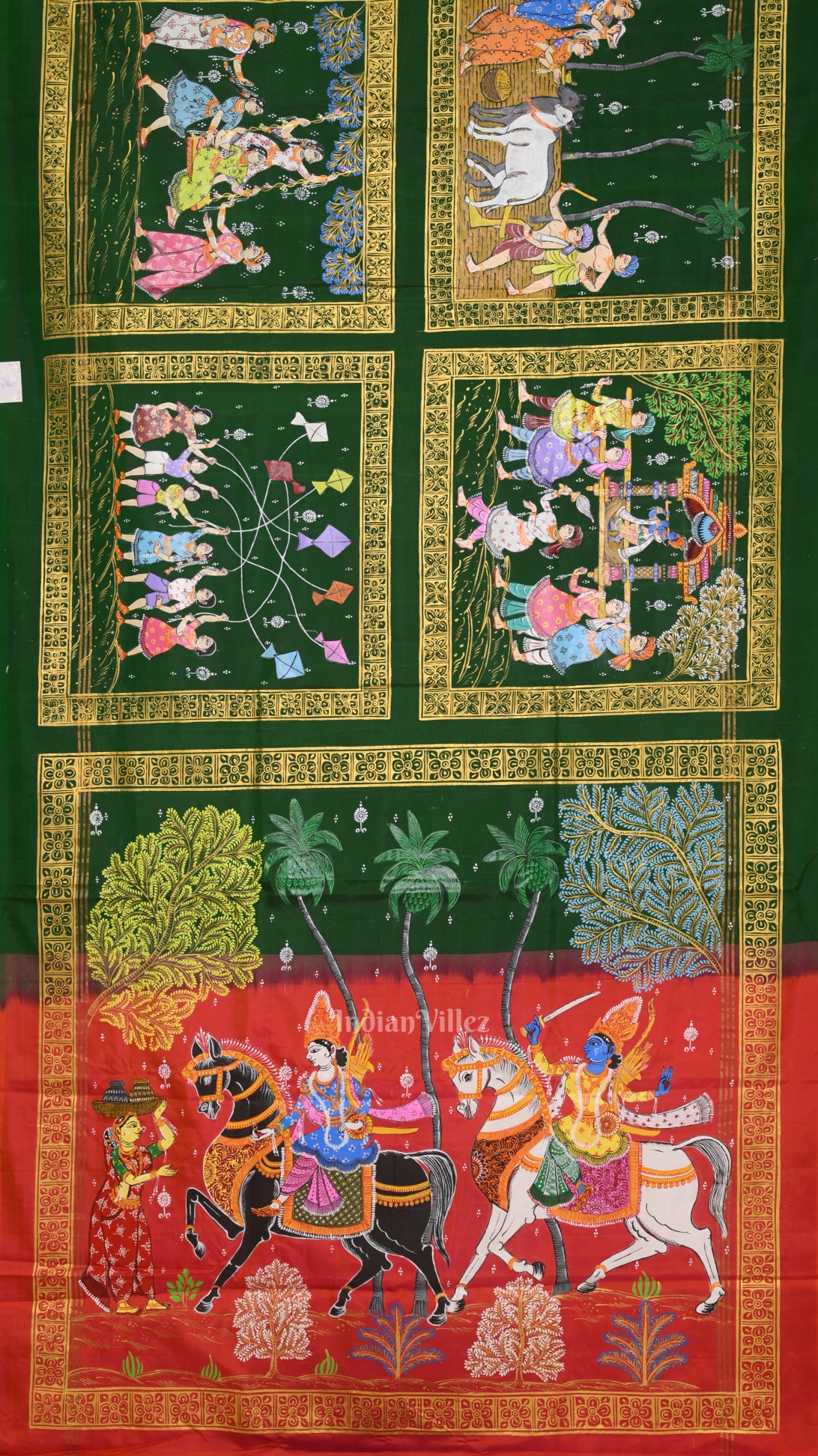 Green Red Hindu Festival Hand-Painted Pattachitra Saree 
