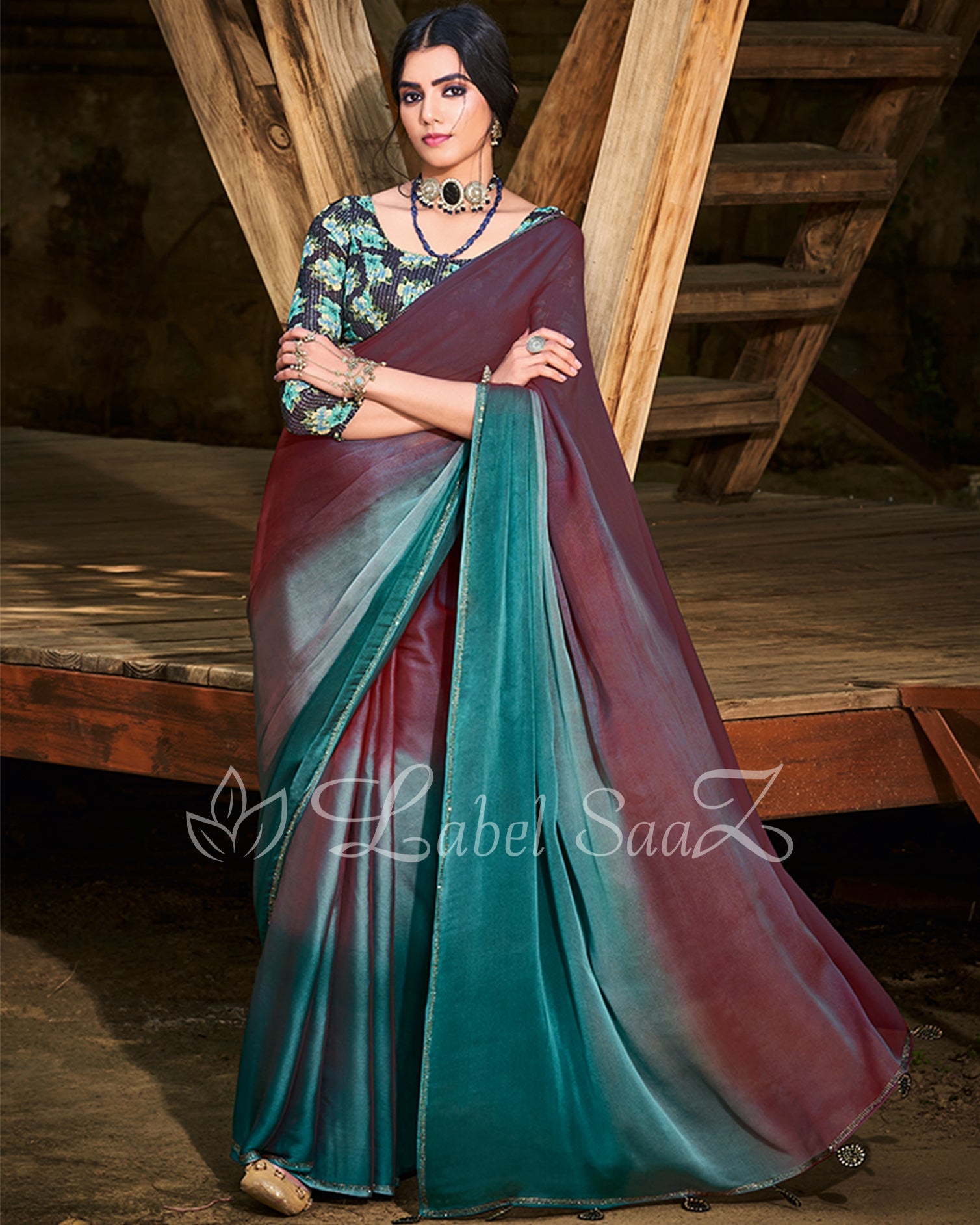 Wine  Rama Chiffon Saree with Floral Blouse 