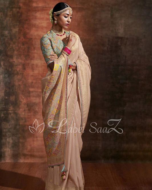 Peach Sky Blue Designer Meenakri Banarasi with Kashmiri Embroidery and Heavy Blouse