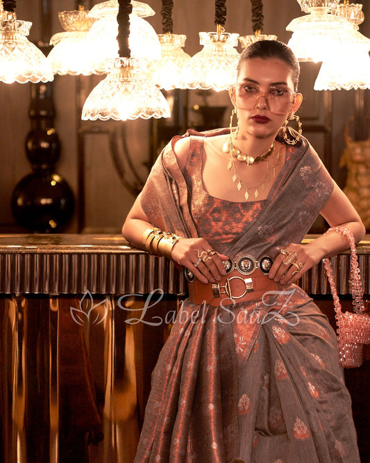 Dark Grey Linen Banarasi With Copper Zari Saree