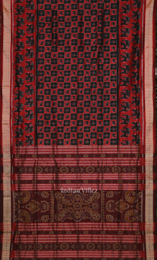 Maroon Red Black Animal Motif Odisha Ikat Sambalpuri Silk Saree