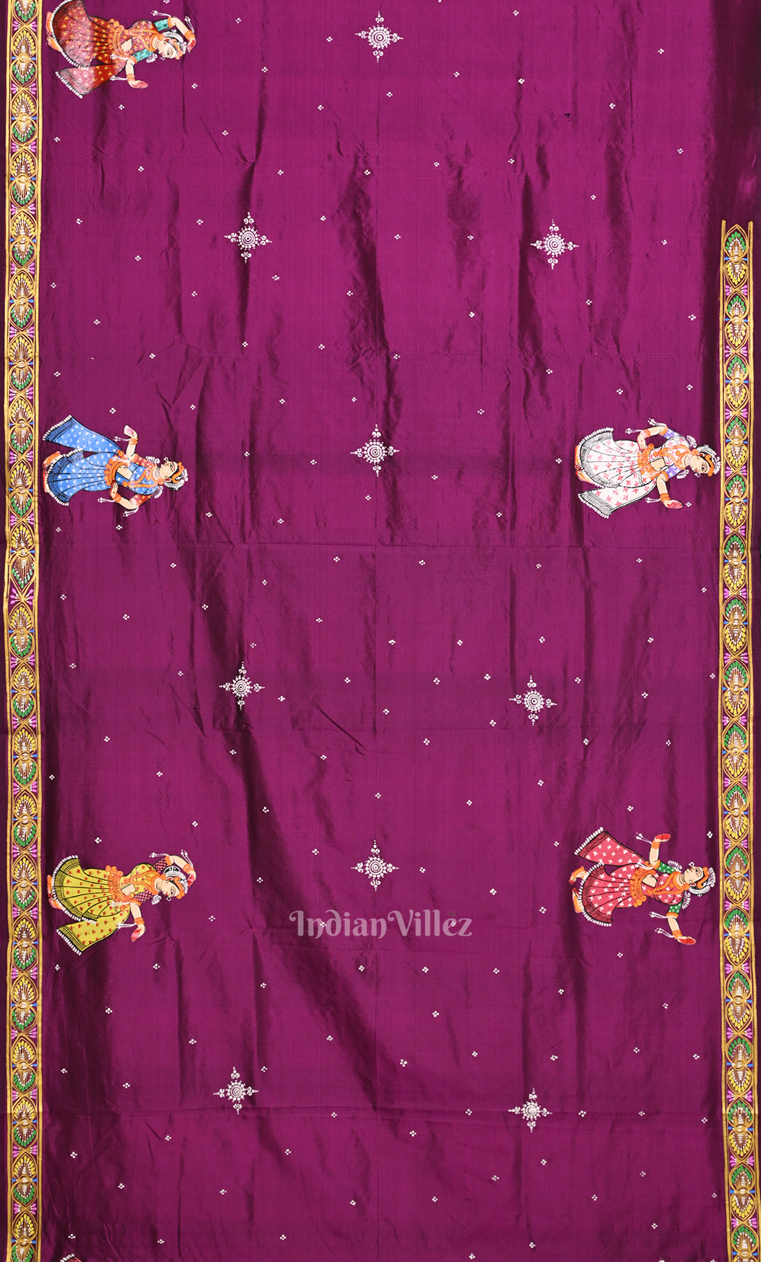 Purple Wine  Ramayan Theme Hand-Painted Pattachitra Saree 