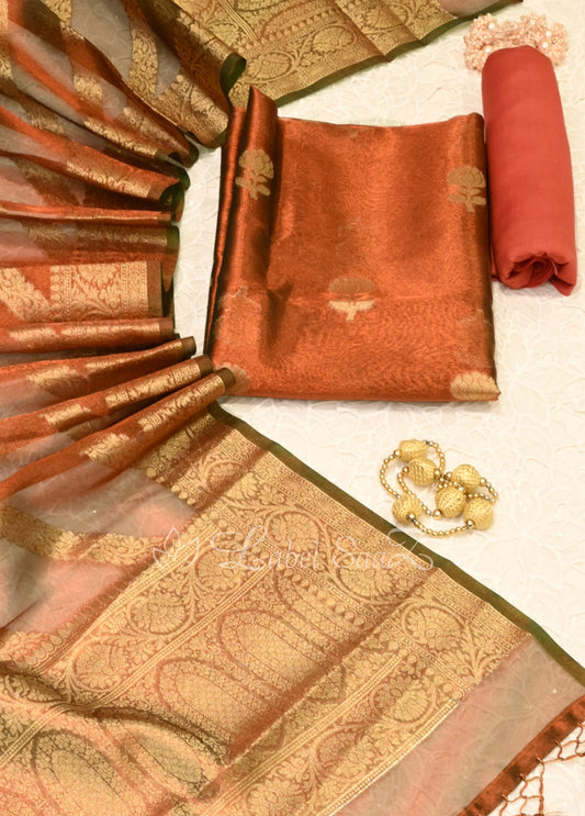 Rust Orange Floral Design Banarasi Unstitched Salwar Suit 