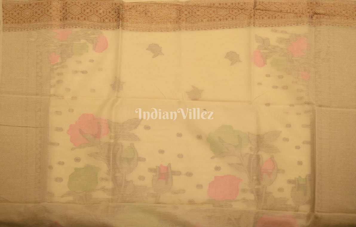 Beige with Multi Color Floral Linen Saree