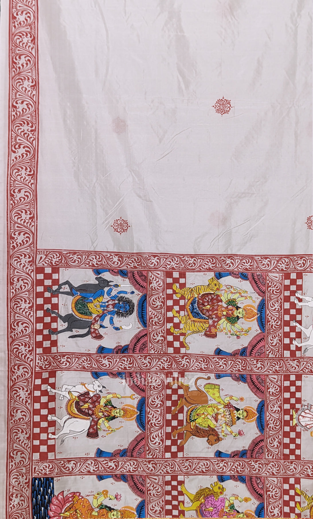 White Red Navaratri Durga Puja Theme Hand-Painted Pattachitra Saree
