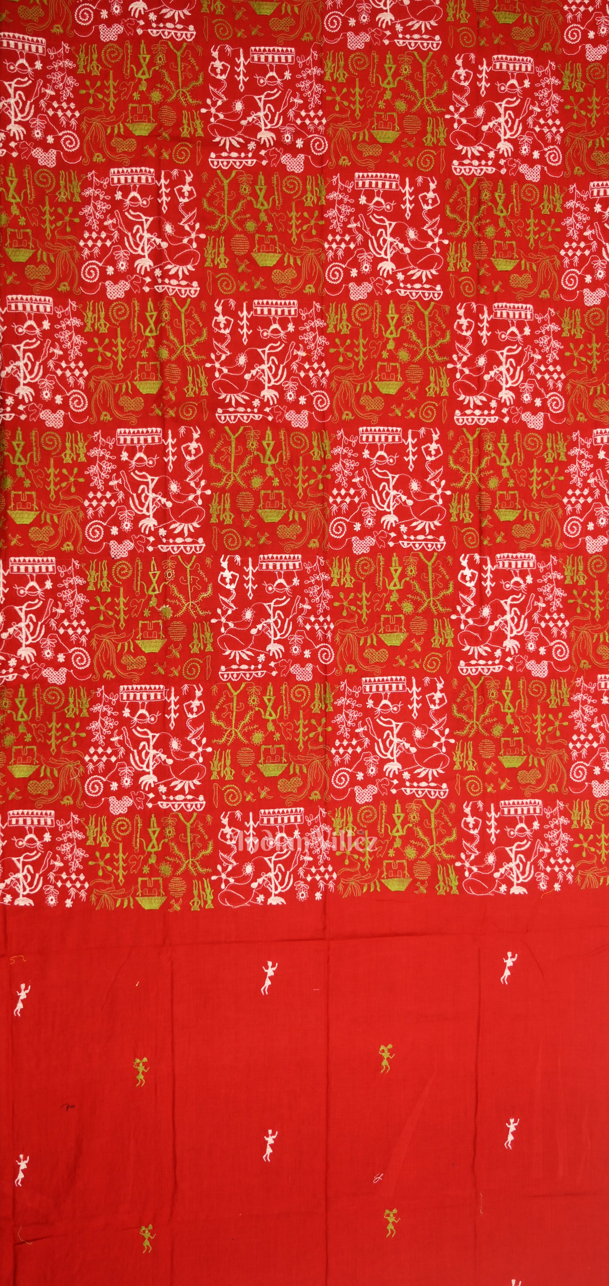 Red Parrot green Tribal Design Sambalpuri Cotton Dress set with Dupatta 