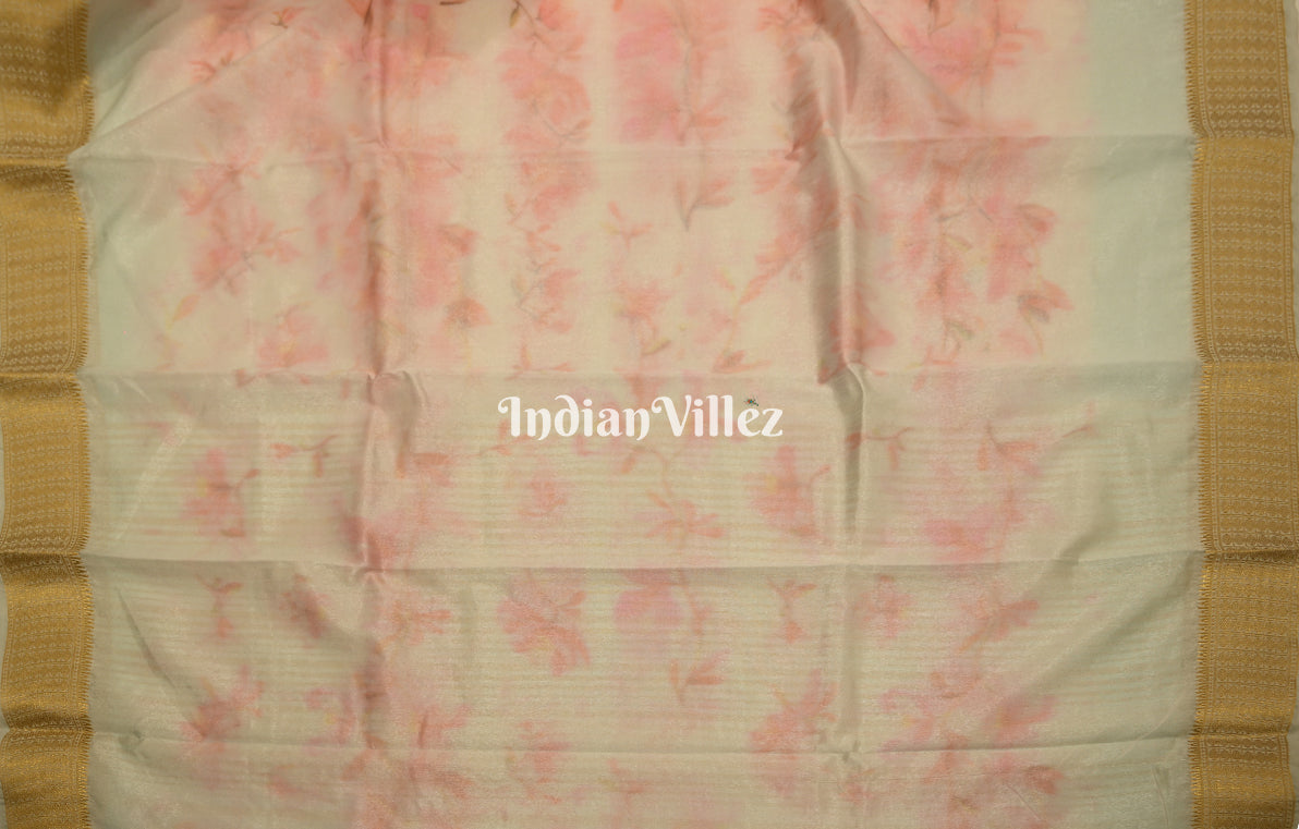 Pink Pastel Green Floral Printed Design Pure Tussar Silk Saree