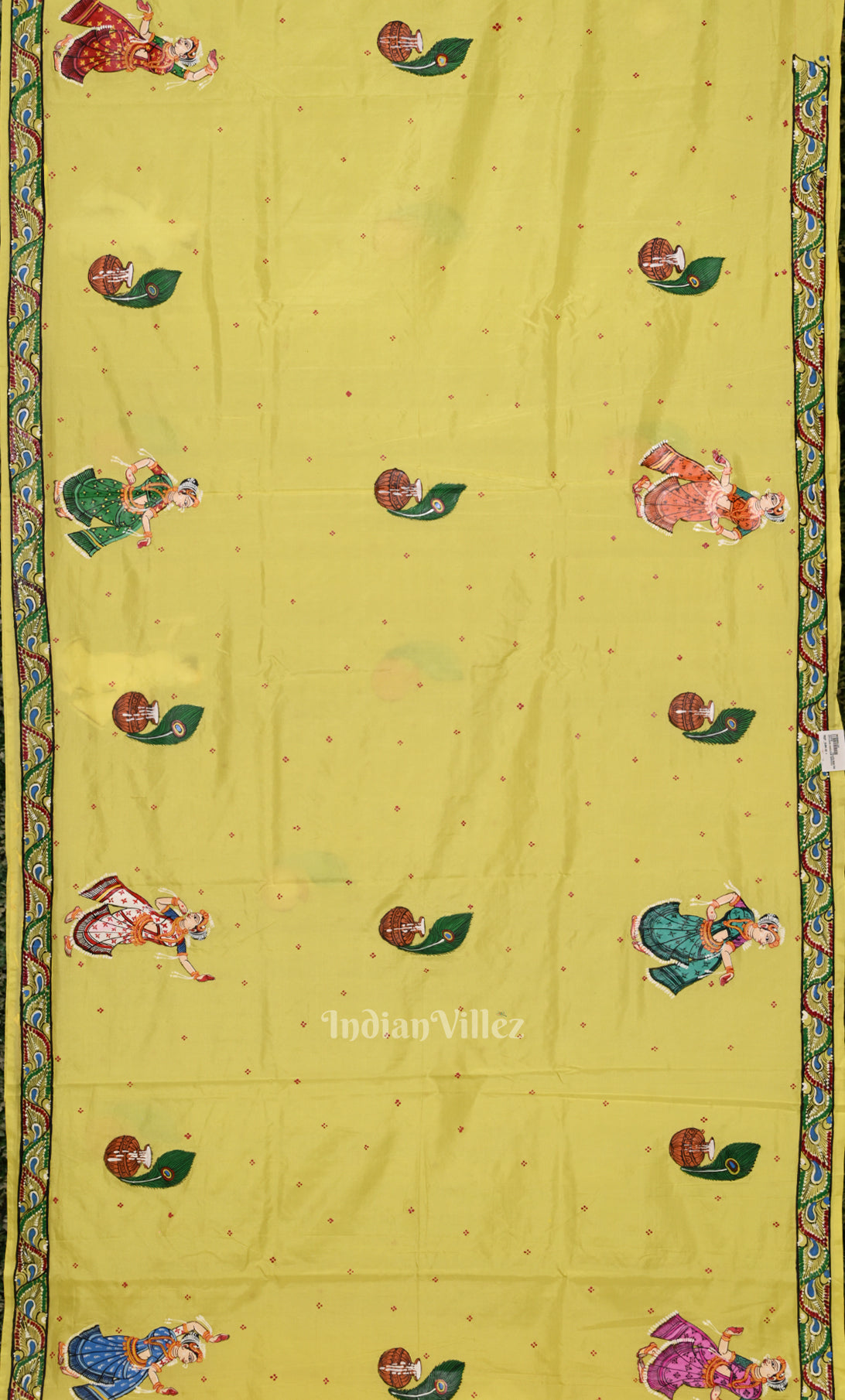 Yellow Pink PEACOCK (Mayur) & Radha Krishna Theme Hand-Painted Pattachitra Saree