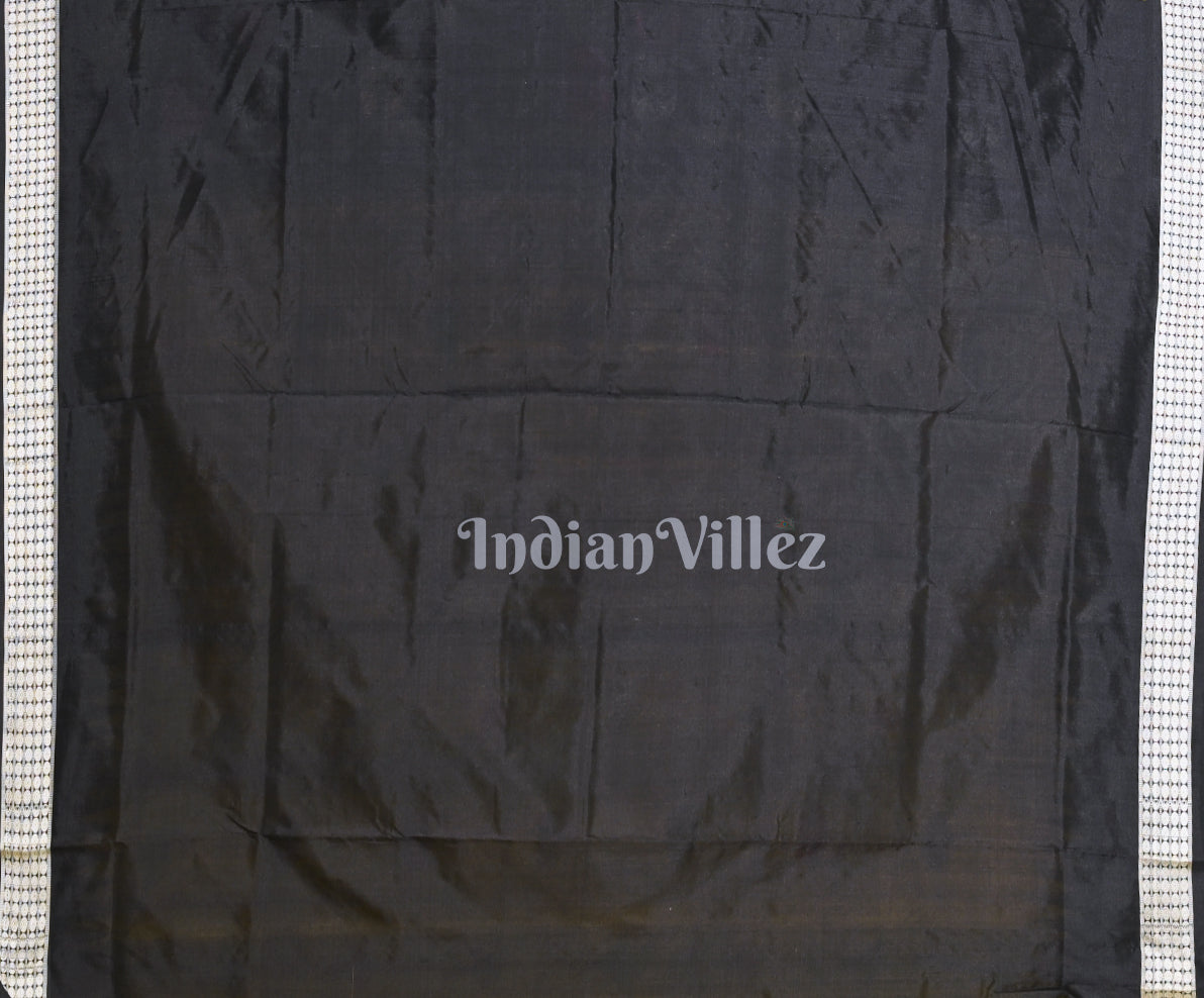 Parrot Green Black Odisha Ikat Bomkai Sambalpuri Silk Saree with Dasabatara Anchal