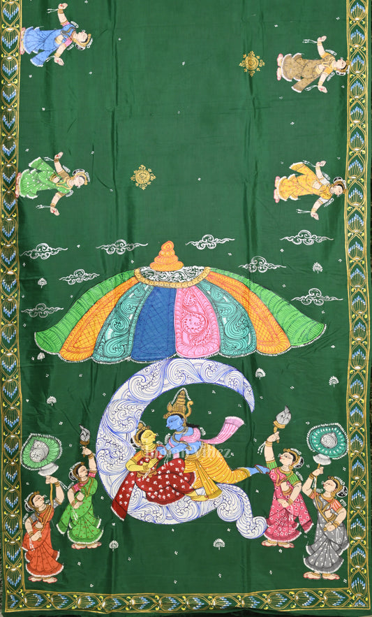 Green Ardha Chandra Hand-Painted Pattachitra Saree