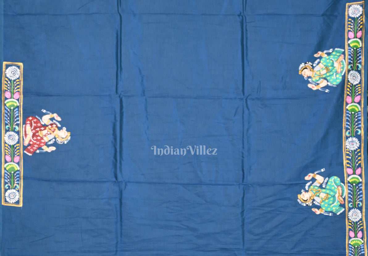 Blue Nartaki  Theme Hand-Painted Pattachitra Saree 