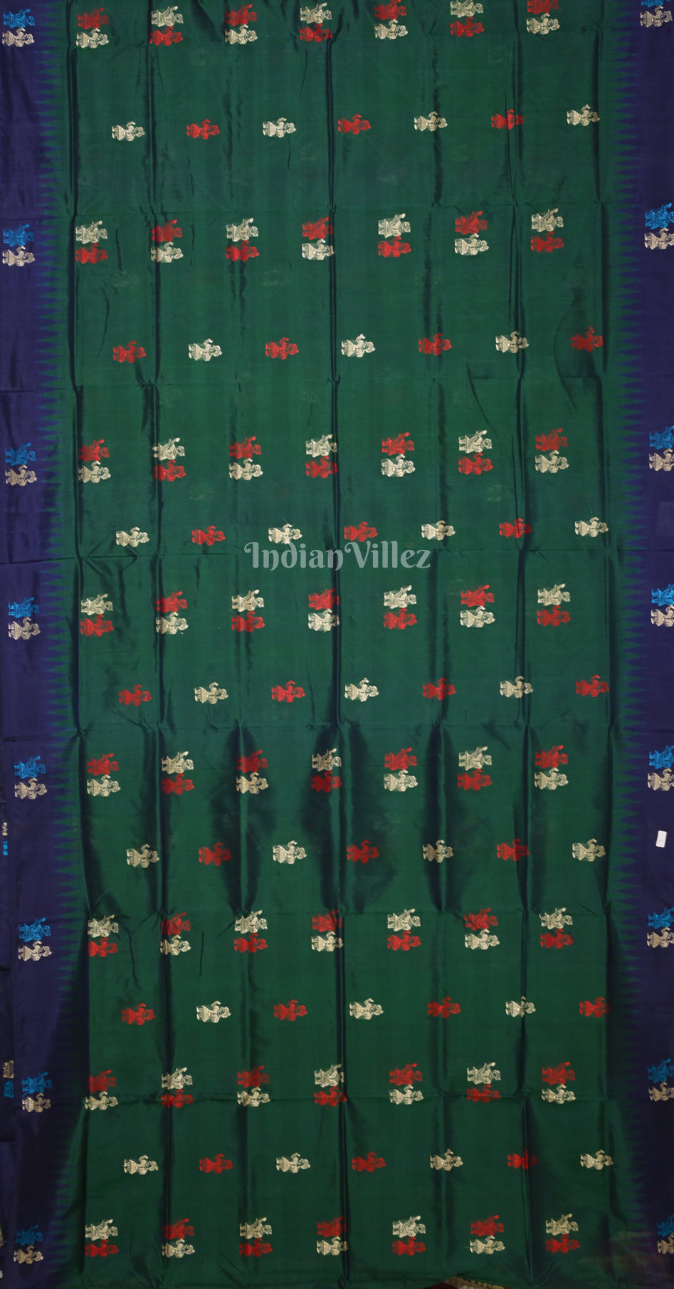 Bottle Green Blue Doll Motif Odisha Ikat Bomkai Silk Saree 