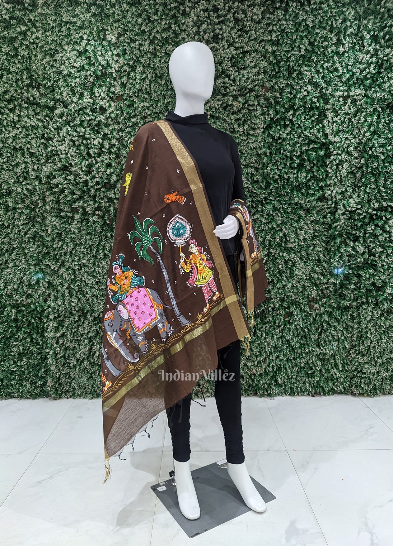 Coffee Brown Kandarpa Hati (Elephant) Pattachitra Chanderi Dupatta