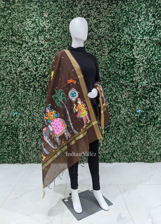 Coffee Brown Kandarpa Hati (Elephant) Pattachitra Chanderi Dupatta