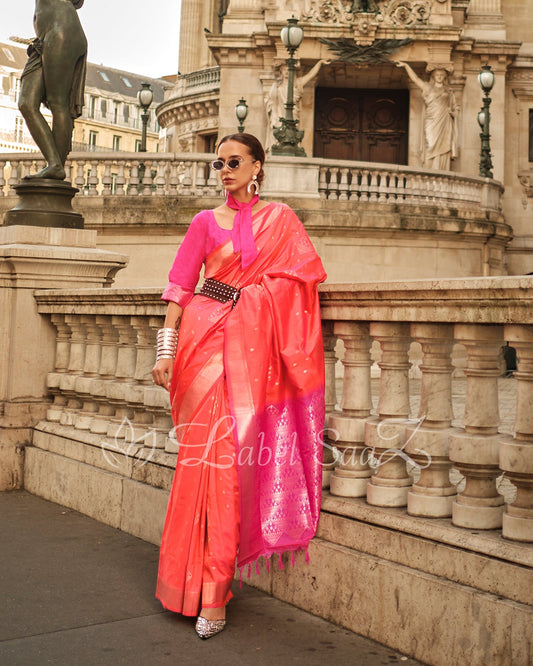 Orange Pink Kanjivaram South Soft Silk Saree