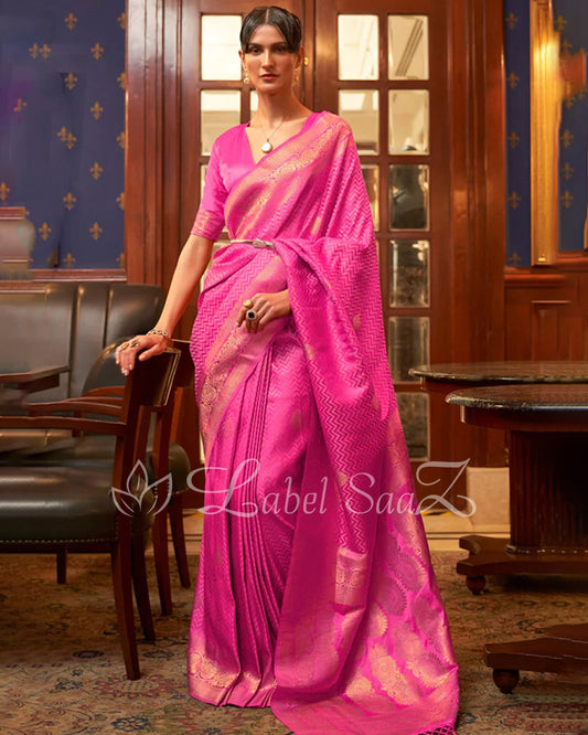 Rani Pink Pure Satin Kanjivaram Silk Saree with Brocade Work