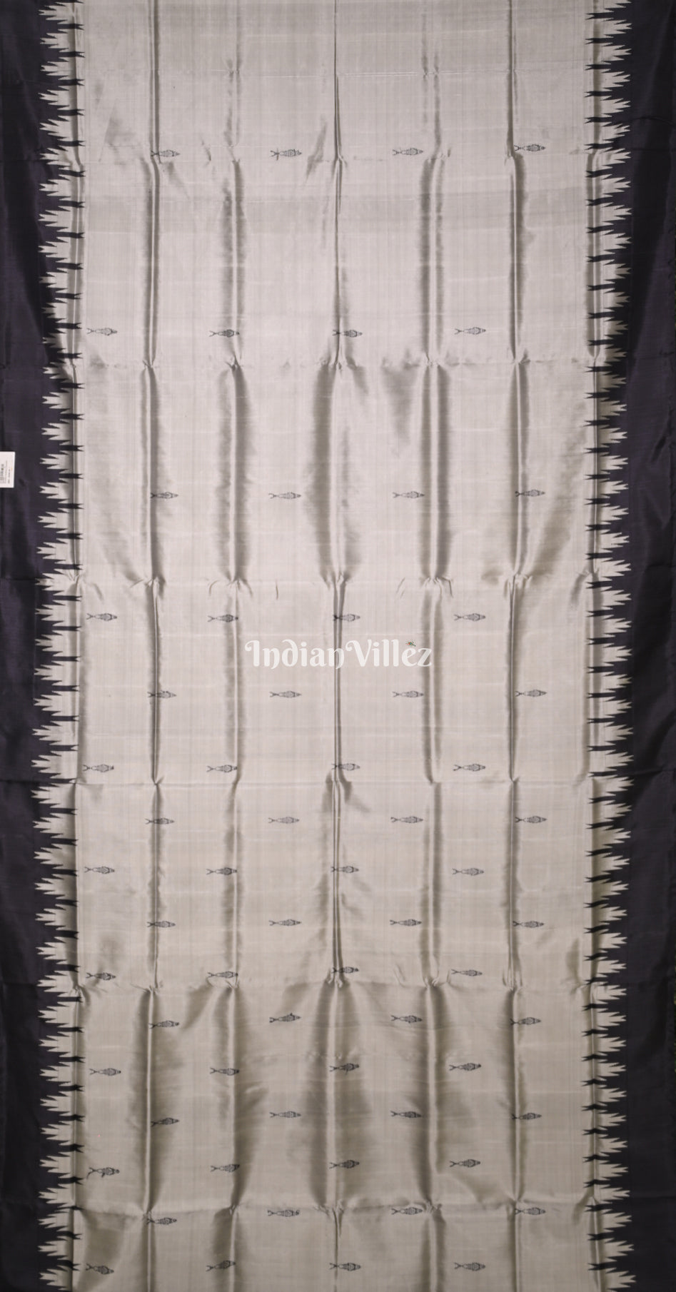 Grey Black Fish Motif Double Pallu Berhampuri Silk Saree 