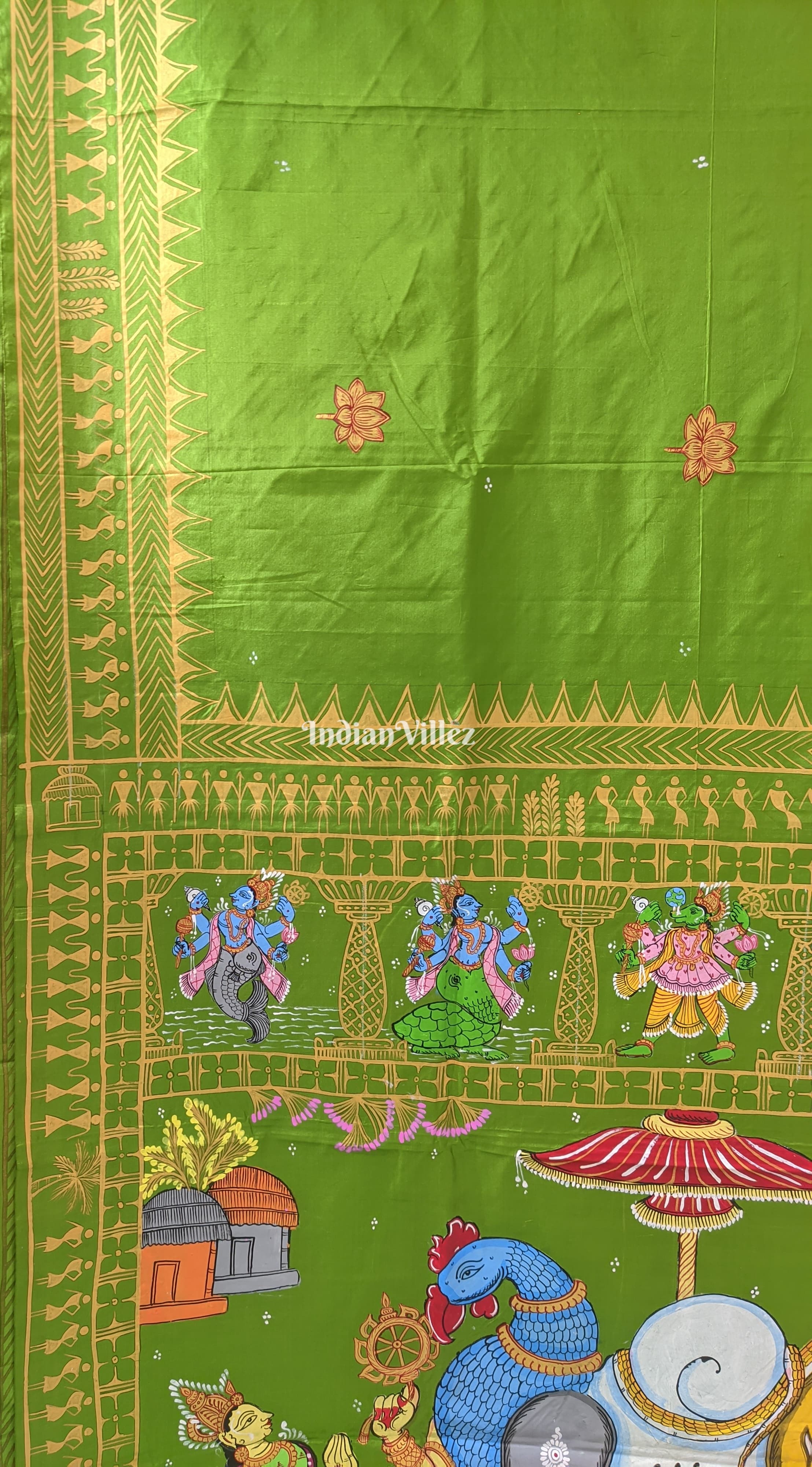 Parrot Green Arjuna Bows to Navagunjara Pure Pattachitra Silk Saree