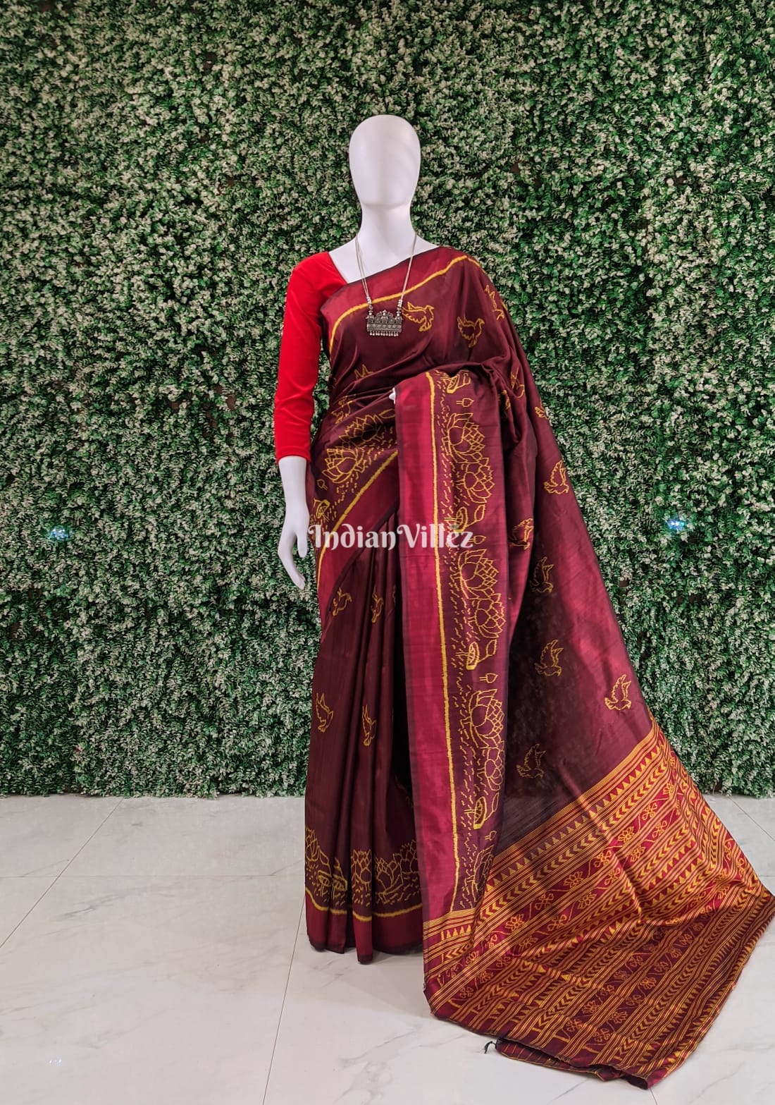 Dark Maroon Bird & Lotus Contemporary Silk Saree