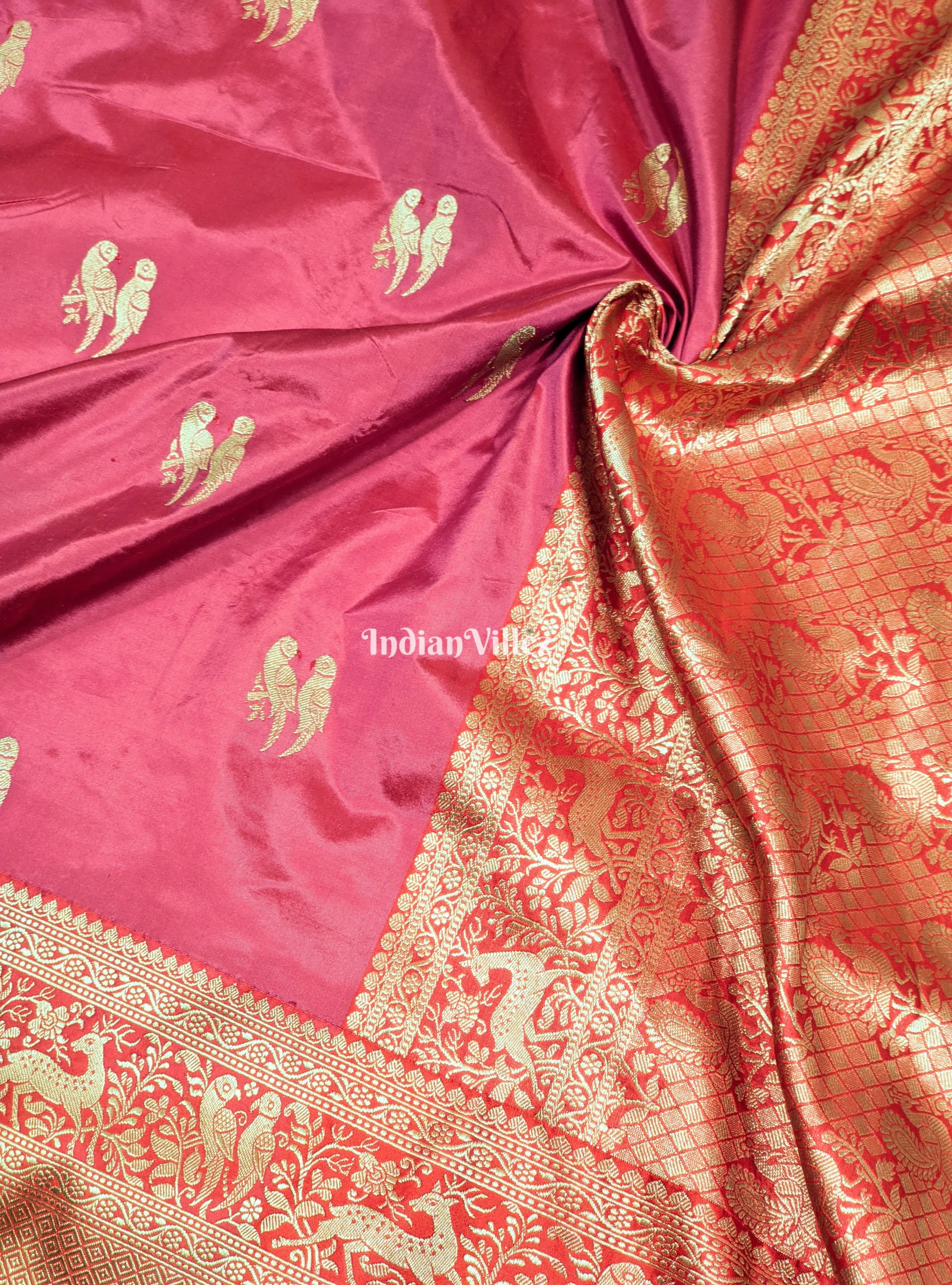 Pink Peach Parrot Handwoven Banarasi Katan Silk Saree